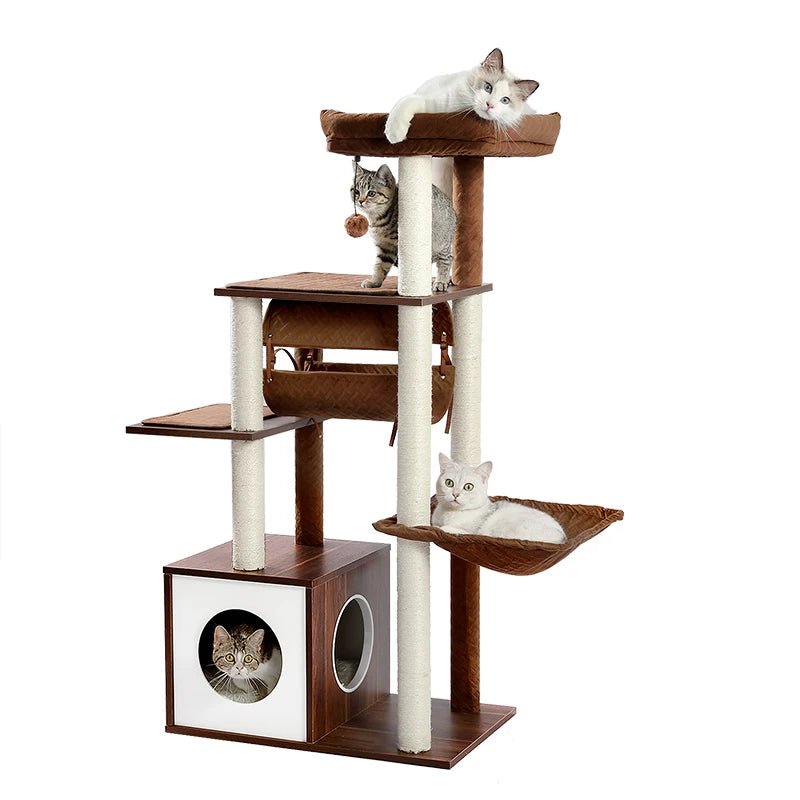luxury cat tower house with wooden box brown white 2