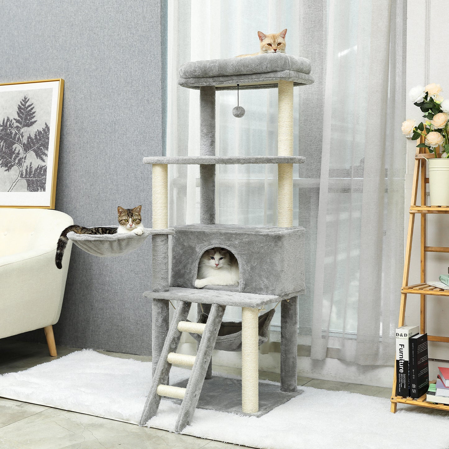 luxury cat tree house tower gray white ladder