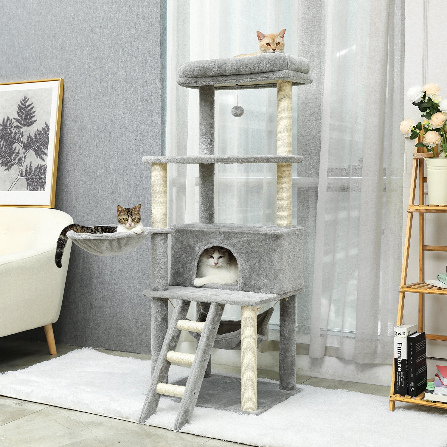 luxury cat tree house tower gray white ladder