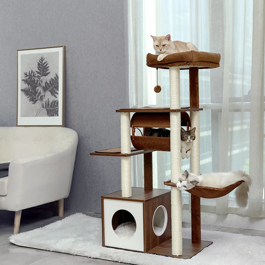 luxury cat tree house tower with wooden box brown white